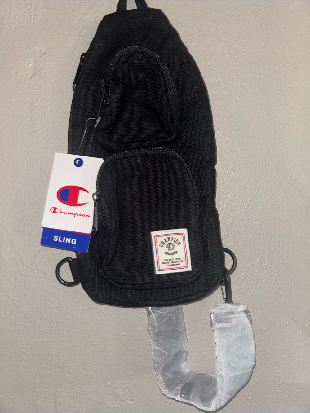 Champion Black Sling Bag with Logo Patch